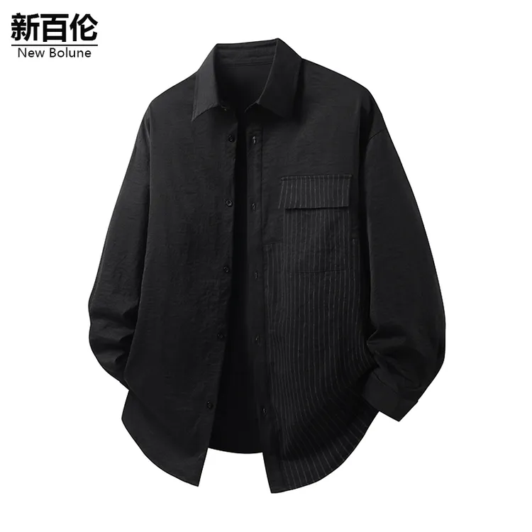 新百伦/NEW BOLUNE美式翻领衬衫长袖男2025新款秋冬黑色衬衣外套