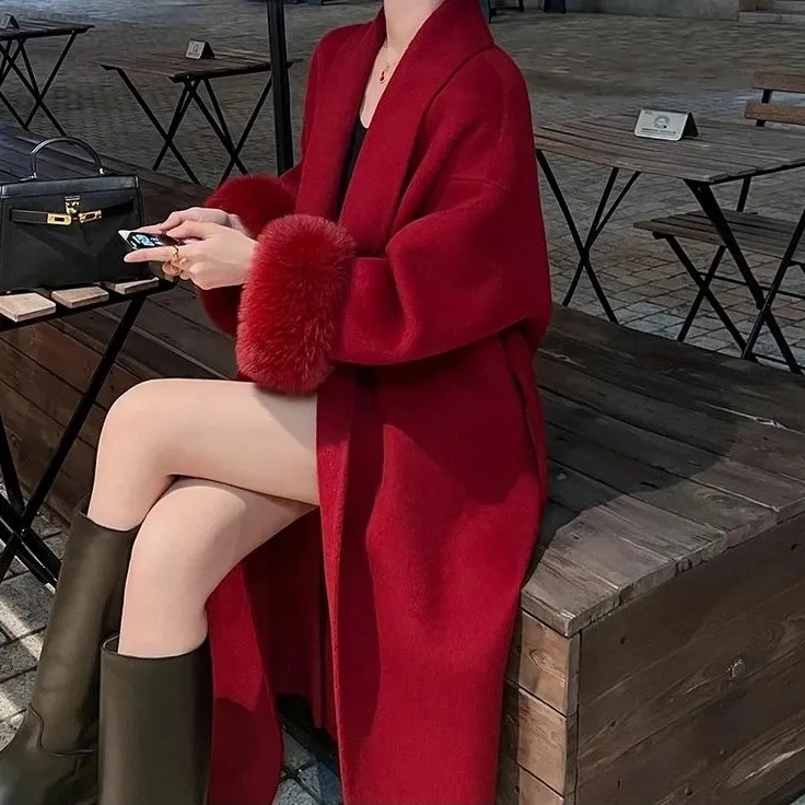 时尚简约纯色红色毛毛袖口中长款气质显瘦女大衣