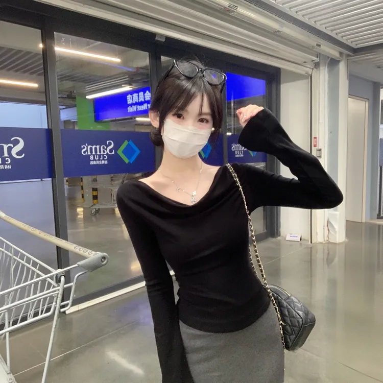 荡领长袖t恤女秋季修身气质内搭黑色打底衫设计感小众莫代尔上衣