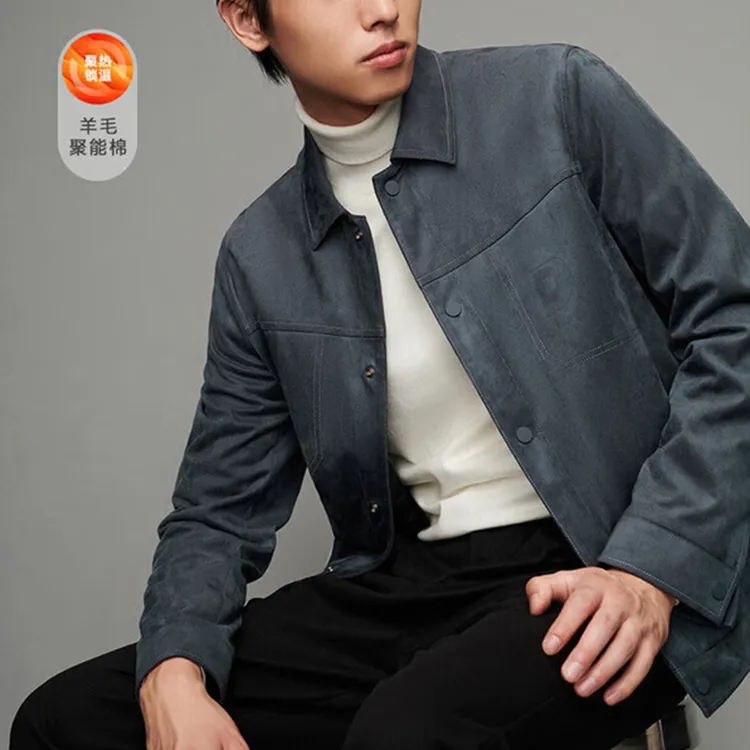 撤柜男装商务时尚青年翻领夹克单排扣明线设计麂皮面料秋冬外套男