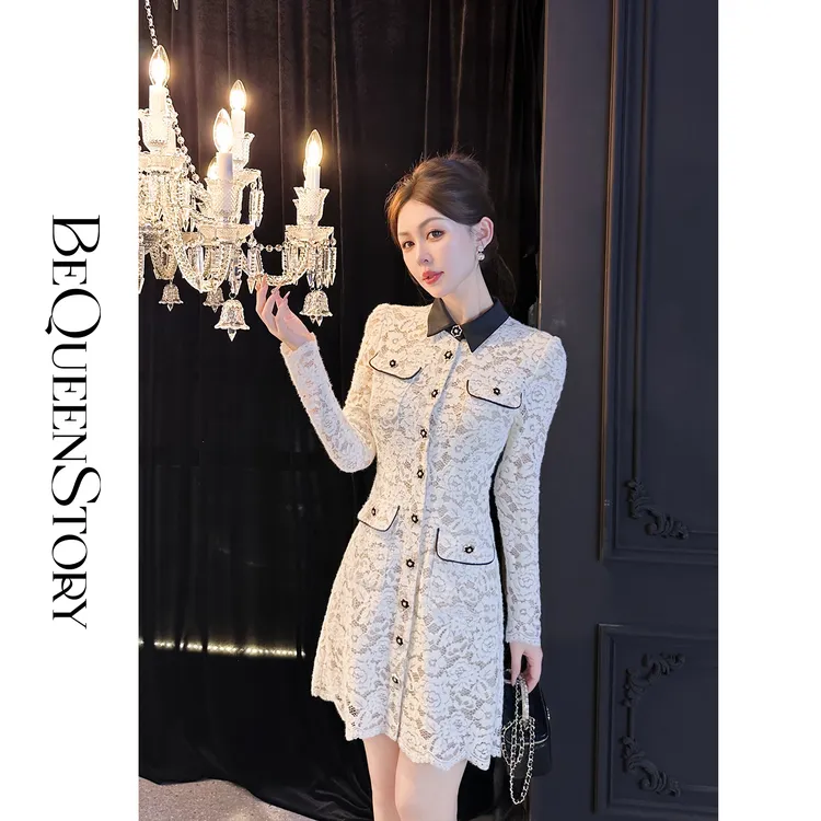 余潇潇【名媛序曲】复古高级镂空蕾丝提花挺括立体感收腰连衣裙