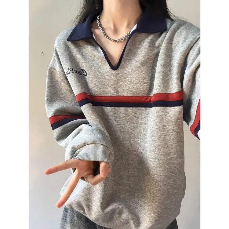 美式复古撞色半开POLO卫衣男春秋季高街休闲百搭V领套头运动上衣