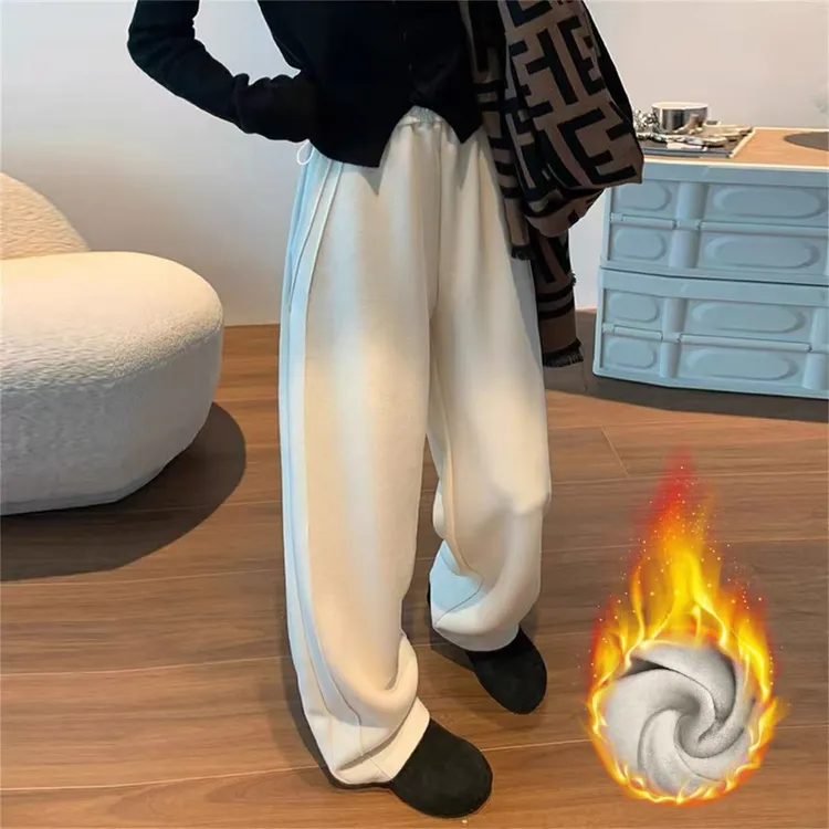 白色阔腿裤女秋冬2025新款高腰蚕丝羊毛呢醋酸垂感弯刀加绒长裤子