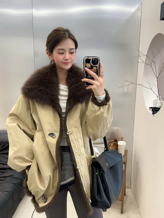 半月扣环保毛领两面穿外套显瘦年轻款派克服大衣1148