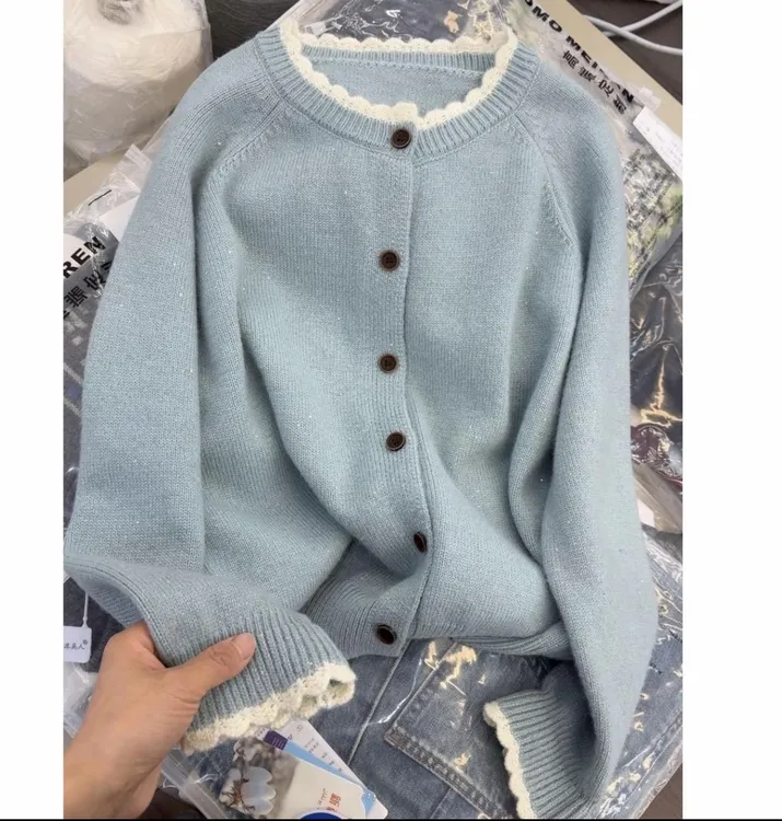 6014秋季新款慵懒风圆领女士毛衣外套短款纯色上衣针织开衫