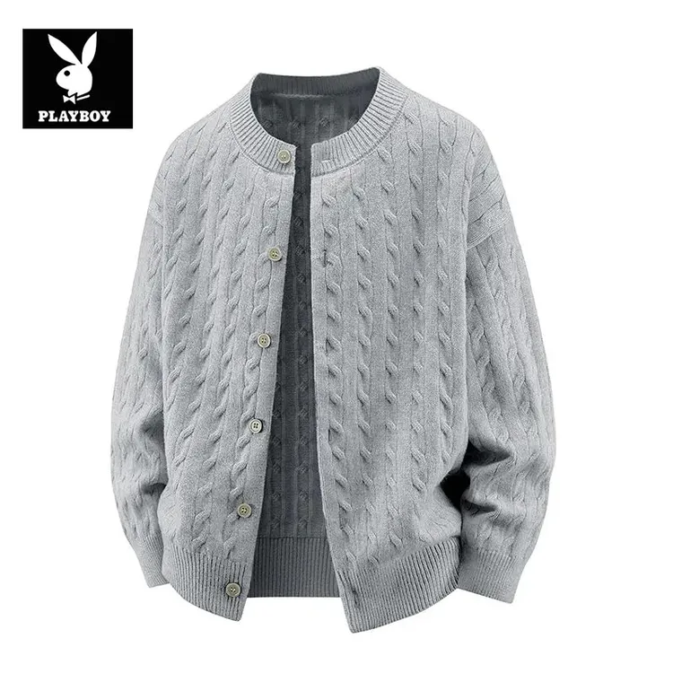 PLAYBOY/花花公子男士新款重磅简约开衫圆领纯色休闲加厚毛衣外套