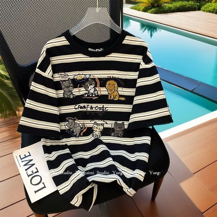 夏季短袖chic风大码日系条纹T恤洋气条纹休闲衣服女慵懒风