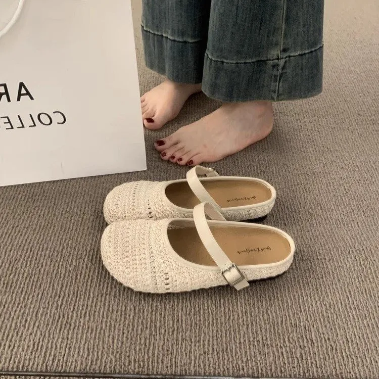 复古森系手工编织包头半拖鞋女夏舒适波西米亚一脚蹬厚底勃肯鞋子