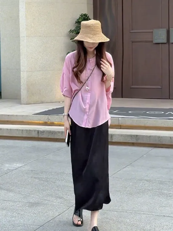 韩版气质轻薄休闲粉色防晒衬衫女装2025夏季新款高腰半裙时尚套装