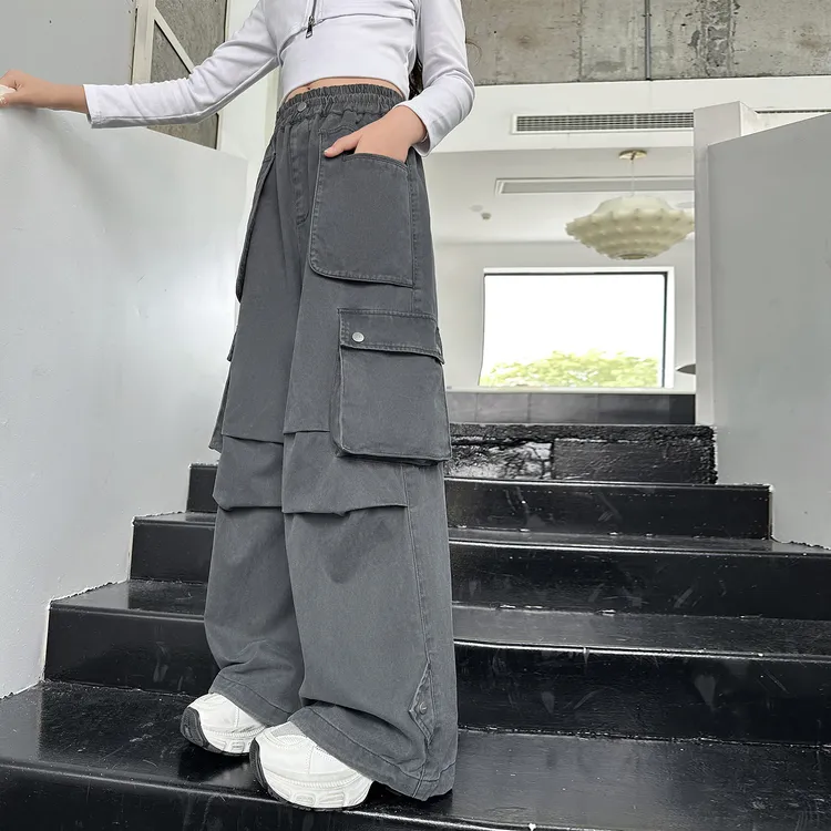 女童裤子春秋款女孩大童炸街休闲阔腿裤初中生潮酷工装裤秋装长裤