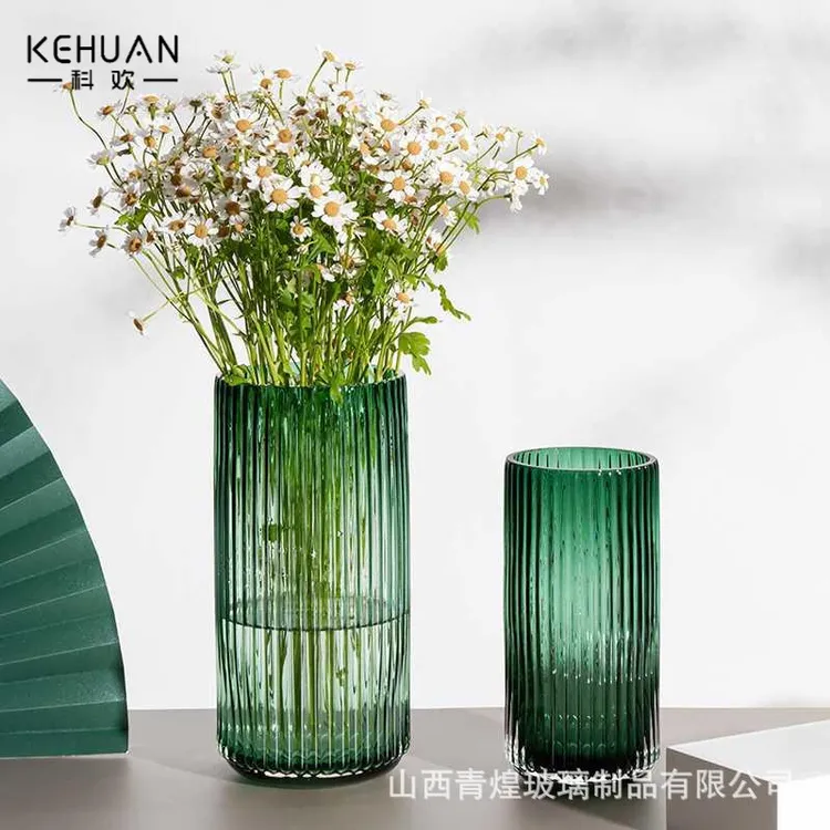 北欧简约现代玻璃花瓶透明竖条直筒轻奢花器客厅家居装饰插花摆件