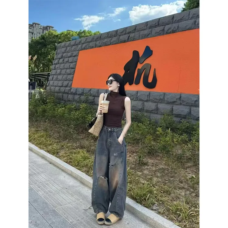 半高领无袖上衣破洞牛仔裤两件套女秋季新款设计感小众休闲套装潮