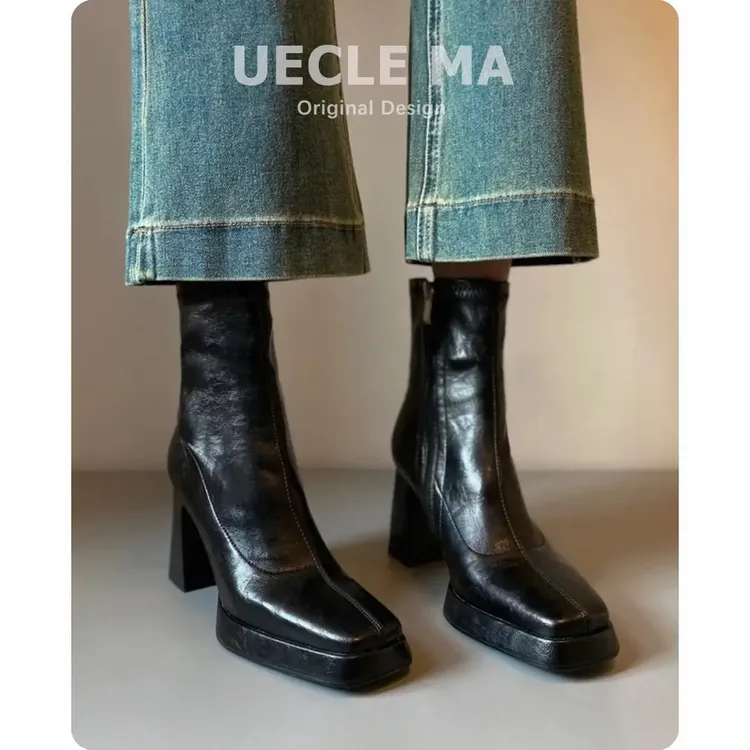 法式高跟短靴女2024新款显瘦方头弹力瘦瘦靴粗跟防水台切尔西靴子