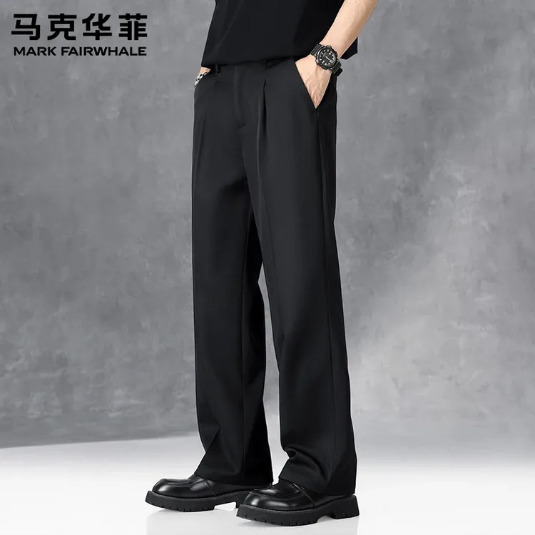 马克华菲高级感阔腿弯刀西裤男士秋冬季新款宽松垂感黑色休闲裤子