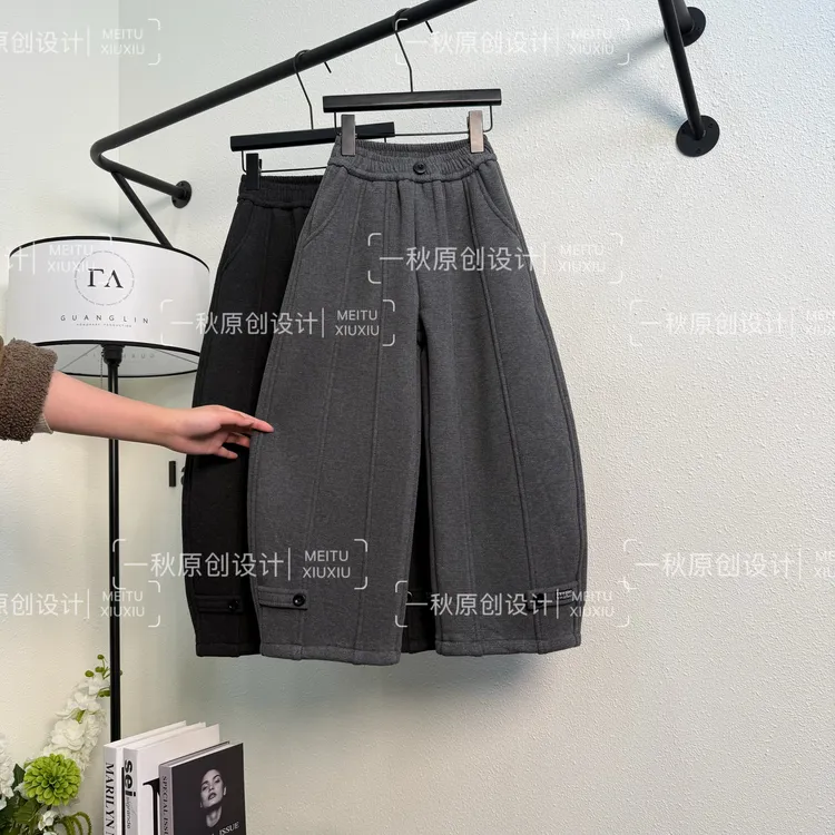 【原创高品质】儿童冬季加绒加厚毛呢弯刀裤2025新款中大童休闲长裤