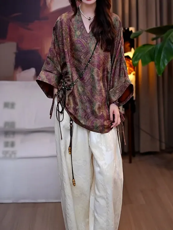 优雅高级感裤套装女2025秋季新款文艺风印花长袖宽松衬衫+阔腿裤