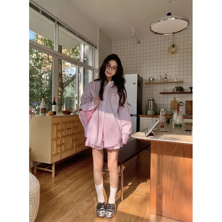 Cute Club春季新款2025竖条纹宽松大码简约休闲叠穿衬衫外套上衣