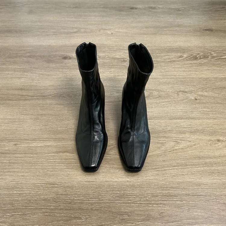 Dannyfrey头层水洗牛皮秋冬新款单靴尖头显瘦粗跟皱感切尔西靴