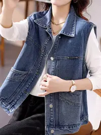 K020牛仔女马甲大码新款无袖坎肩马夹外套时尚工装口袋