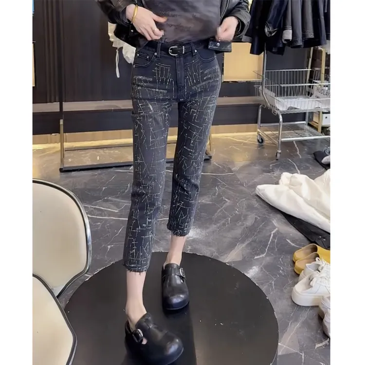 萱贝纯欧货重工直筒牛仔裤女2025春夏新款百搭时尚八分弹力烟管裤