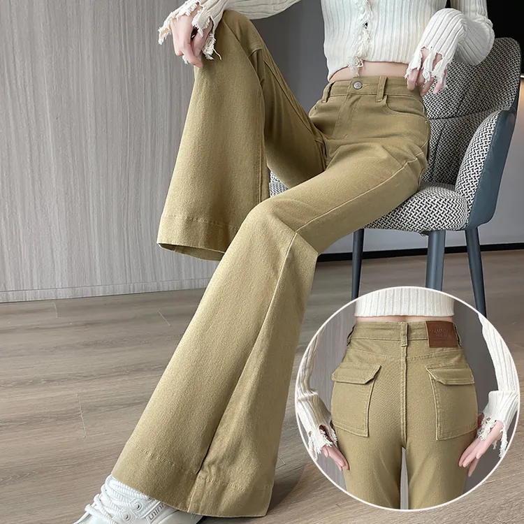 蜜蜜穿搭卡其色微喇牛仔裤女2025秋季弹力工装裤梨型女士喇叭裤子