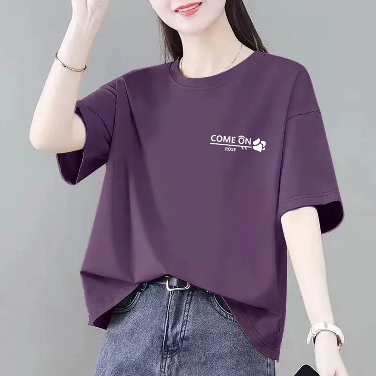大码女装夏季新款纯棉短袖圆领T恤女士韩版宽松显瘦百搭休闲上衣T
