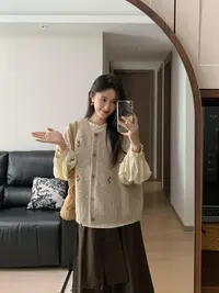 森系田园温柔风花朵刺绣毛衣背心马甲女高腰格纹半身裙子长袖衬衫