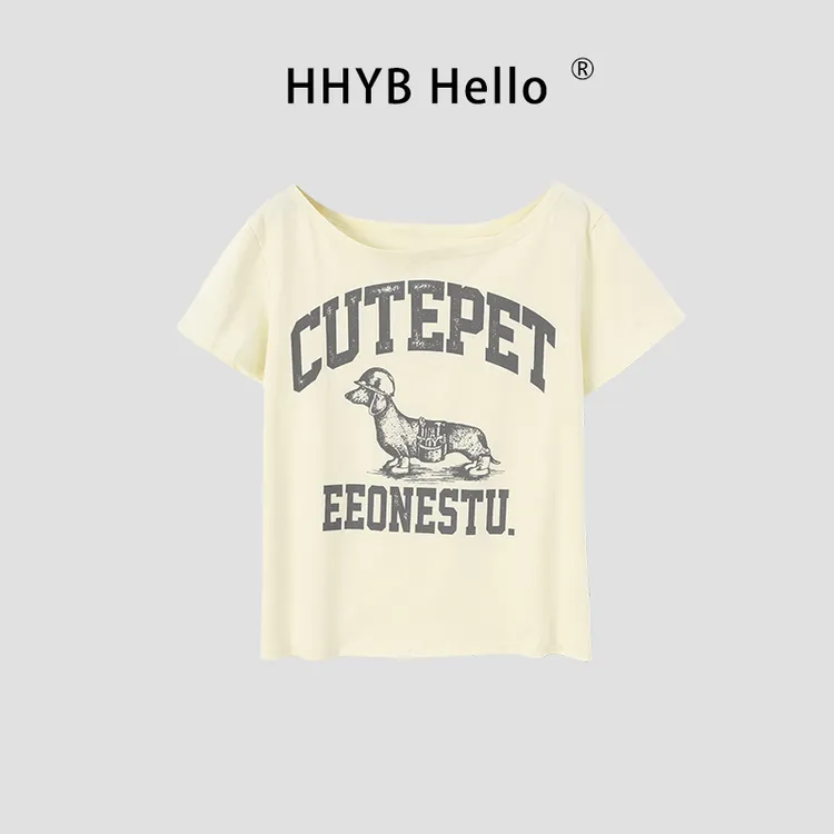 HHYB Hello2025夏季新款斜肩印花棉T恤宽松百搭舒适上衣女250486