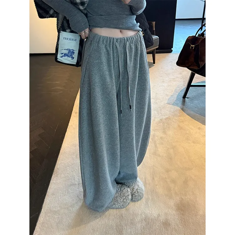 美式复古灰色运动卫裤女秋冬季新款高腰显瘦抽绳束脚垂感阔腿裤