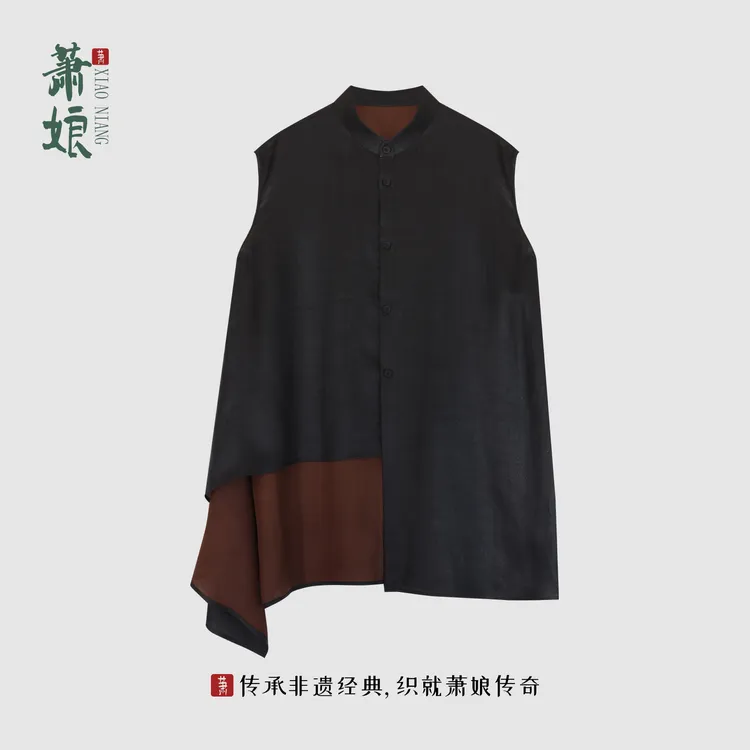 【尘纤】草席纹桑波缎香云纱上衣新中式时尚无袖宽松女上衣2568