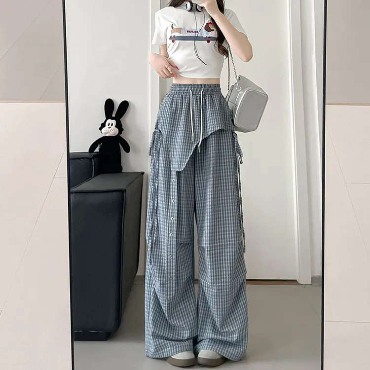 蓝色屁帘格子工装裤女春秋新款小众设计感宽松显瘦休闲直筒阔腿裤