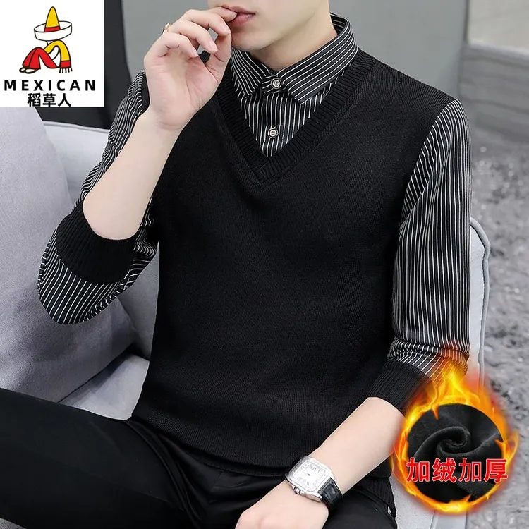 稻草人男士长袖衬衫领加厚一体绒假两件衬衫毛衣男修身加时尚男装