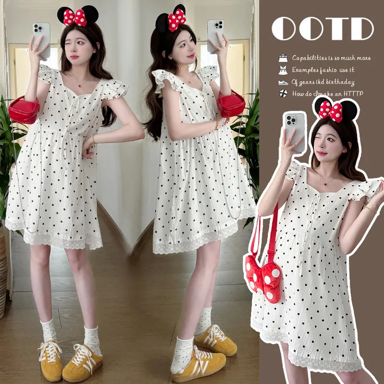 时髦孕妇装新款2025波点小飞袖时尚夏季蝴蝶结系带洋气拼接连衣裙