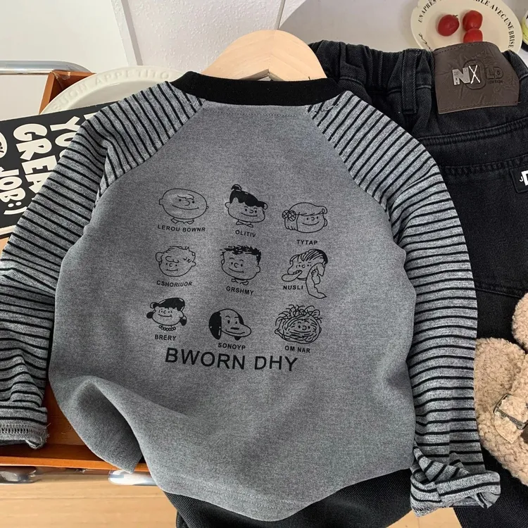 儿童T恤磨毛打底衫秋冬洋气德绒柔软打底衫新款男童卡通插肩袖潮