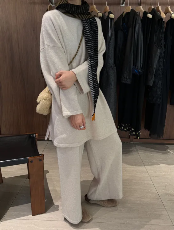 【杏色羊毛套装】100绵羊毛廓形圆领毛衣+全松紧腰直筒裤J25MY847