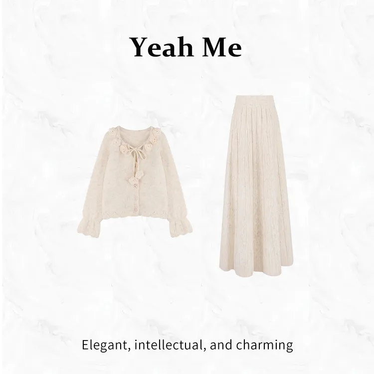 Yeah Me/也觅【花纱茉莉】冬季新款立体花朵设计感毛衣半身裙套装女