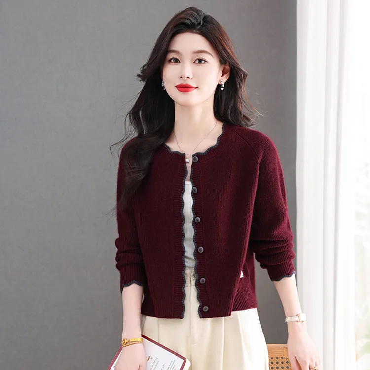 春秋款小个子短款针织开衫时尚洋气拼色百搭毛衣外套外搭针织上衣