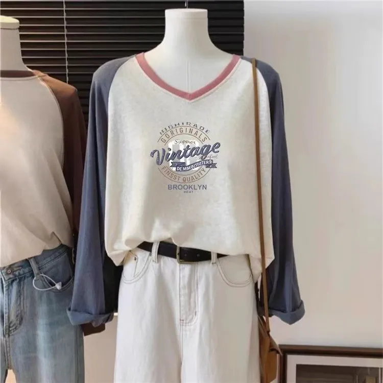 无品牌女打底衫百搭长袖复古港风宽松型T恤透气拼接秋季V领圆领