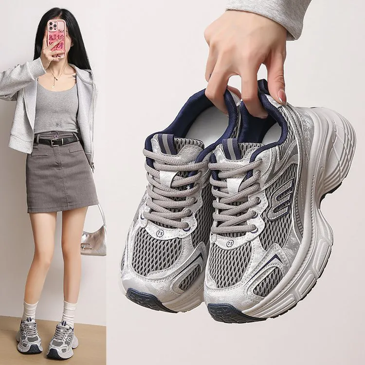 显脚小老爹鞋女2025秋季新款超轻软底透气双网休闲百搭运动鞋