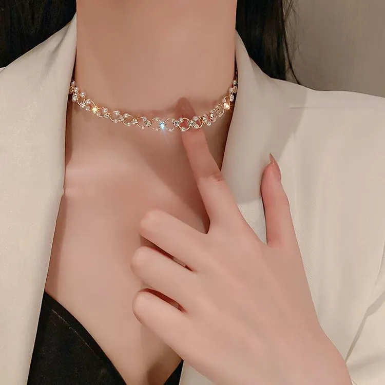 OLOIU 合金仿珍珠吊坠 小粒珍珠项链女高级小众个性锁骨链时尚