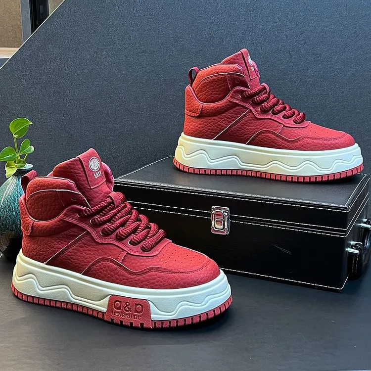 男鞋红色板鞋秋冬季新款高帮鞋韩版潮流休闲鞋中帮鞋子男士短靴潮