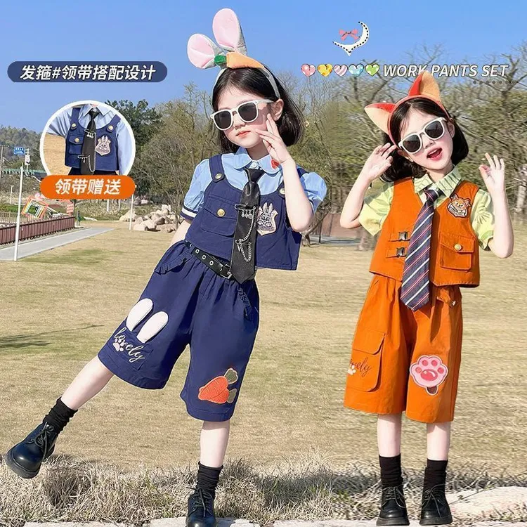女童兔子警官套装夏季男童短袖尼克三件套朱迪狐狸迪士尼表演服装