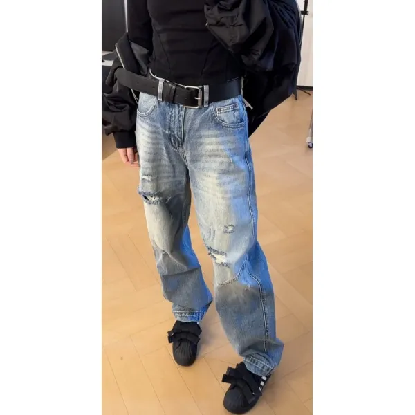 蓝色破洞设计窄版牛仔裤2025年春季新款梨形高腰显瘦阔腿裤