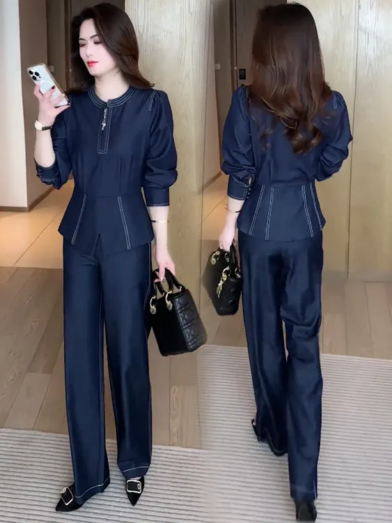 时尚牛仔套装女春秋季新洋气质减法财阀千金小香风秋冬加厚套装