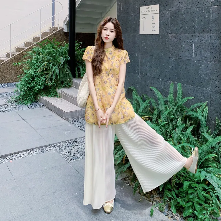 新中式国风气质套装裤女夏季2025新款设计感印花上衣阔腿裤两件套