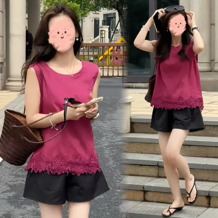 2025夏季新款蝴蝶结蕾丝拼接无袖上衣休闲短裤时尚百搭小清新潮流
