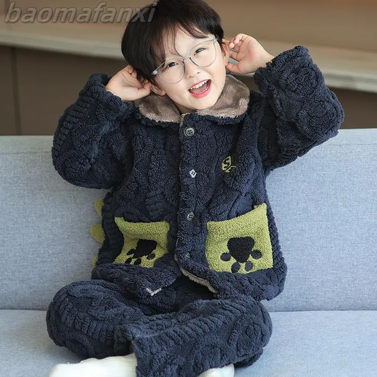 男童睡衣冬季加绒加厚款儿童法兰绒宝宝三层夹棉加棉小童棉袄套装