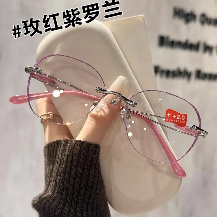 时尚新款无框切边防蓝光显年轻高档正品优雅轻巧女士高清老花眼镜