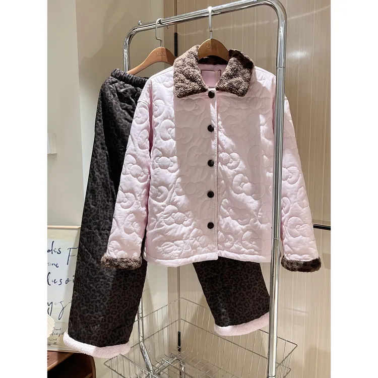 甜美风粉色加厚夹棉家居服套装2025秋冬季新款保暖可外穿情侣睡衣