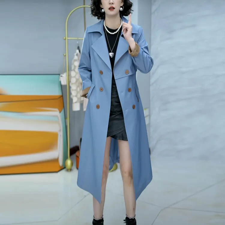 丽丝精纺双排扣外套女士2025秋季新款长袖时尚蓝色修身中长款风衣